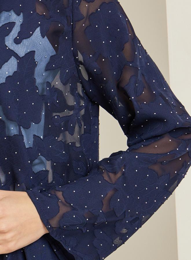 Styli Navy Studded Jacquard Kimono and Pants Co-ords - Image 2